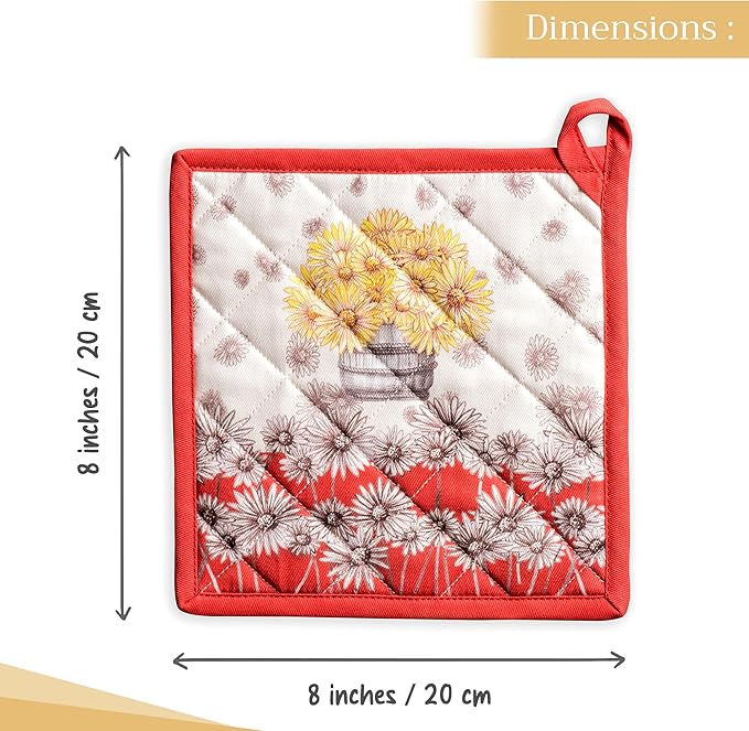 Maison d' Hermine Pot Holders 100% Cotton Heat Resistant Potholders 8" x 8" Hot Pads with Loop for Thanksgiving Christmas Decorations BBQ Cooking Baking Handling Hot Pans (Pack of 1, Bagatelle)
