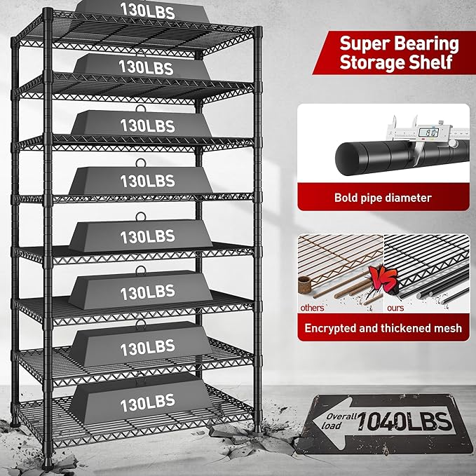 REIBII 8 Tier Metal Shelving 75"H Storage Shelves Tall Wire Shelving Unit Adjustable Detachable Storage Shelves for Laundry Pantry Kitchen Commercial school 1040LBS Storage Rack 75"H X 35"W X 14"D