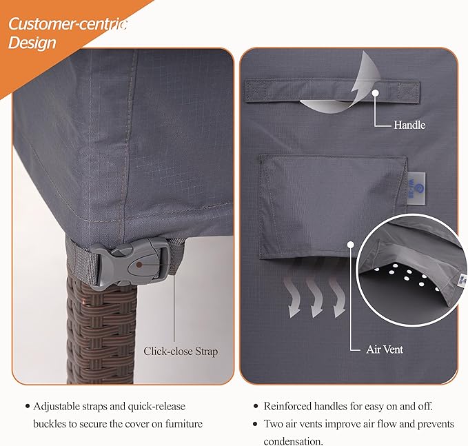 WJ-X3 Waterproof Patio Sofa Cover for 3-Seater Couch, Heavy Duty & UV Resistant, Windproof, 87" W x 42" D x 35" H, Grey