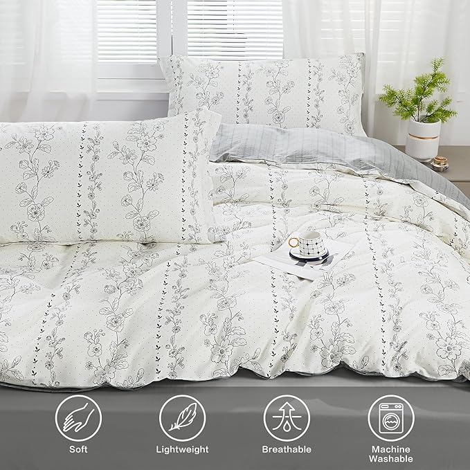 SAPHREAS Grey Floral Pattern Duvet Cover Set Twin Size 2pcs Bedding Comforter Cover Set 100% Cotton 1 Duvet Cover 68"x90" 1 Pillow Sham, Comforter Not Included