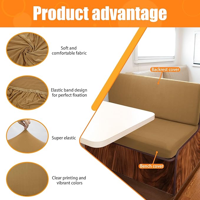 Rv Dinette Cushion Covers, Stretchable Camper Cushion Slipcover, Replacement for RV Couch, 2 Backrest & 2 Bench Covers (Camel)