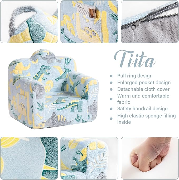 Tiita Kids Couch Plush Toddler Chair, Cloud-Like Glow in The Dark Kids Sofa Toddler Reading Chair with Washable Cover Carrying Handle, Convertible Children Sofa Chair for Girls and Boys