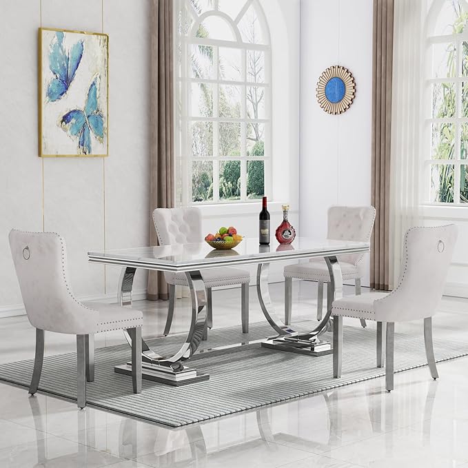 Goujxcy 5 Piece Marble Dining Table Set for 4, Luxury 70" White Marble Silver Kitchen Table with 4 Beige Velvet Upholstered Chairs, Modern 4 Person Dining Room Table Set for Kicken Dining Office Room