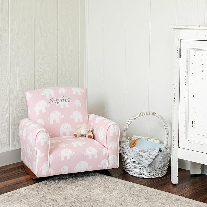 Toddler Personalized Armchair, Kids Upholstered Rocking Chair with Personalization, Toddler Chair with Personalized Name, Comfy Child Armchair, (Pink Elephants Print, Rockers)