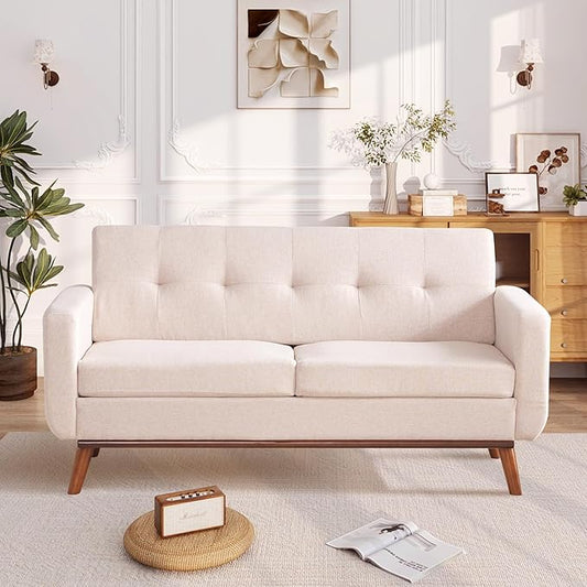 Kingfun 65" W Loveseat Sofa, Mid Century Modern Decor Love Seat Couches for Living Room, Button Tufted Upholstered Furniture, Solid & Easy to Install Small Couch for Bedroom Office Apartment,Oatmeal