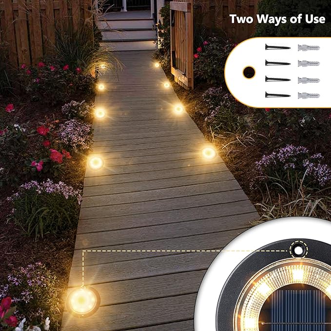 Flacchi Solar Ground Lights - Solar Powered Lights Outdoor Solar Disk Light Waterproof Landscape Light for Patio Yard Pathway Walkway Driveway (Warm White, 2 Pack)