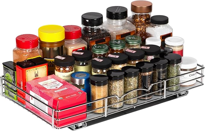 Pull Out Cabinet Organizer for Spices, Cans - Heavy Duty with Lifetime Limited Warranty- Pull Out Spice Rack- Cabinet Pull Out Shelf for Cans,Dishes, Etc, 18-3/8"Wx 10-1/2"D x 2-3/4” H, Chrome