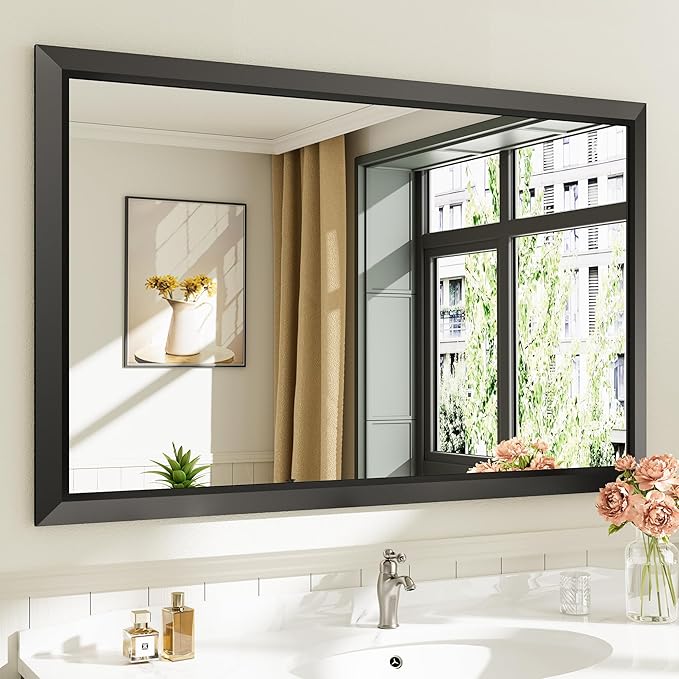 48x30 Inch Black Bathroom Mirror for Wall, Thick Metal Framed Rectangle Mirrors for Over Sink, Bedroom, Living Room, Entryway, Anti-Rust, HD Tempered Glass