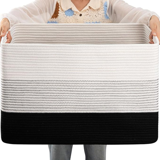 OIAHOMY 108L Large Cotton Rope Basket, Rectangle Woven Baskets for Storage, Nursery Blanket Storage Living Room, Toy Basket With Handle-25”x16”x16”-Gradient Black