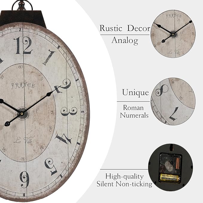 18" x 29" Rustic Farmhouse Oval Wall Clock, Solid Wood Silent Non-Ticking, Battery Operated Decorative Clock for Living Room, Kitchen, Bedroom, Office and Home Decor