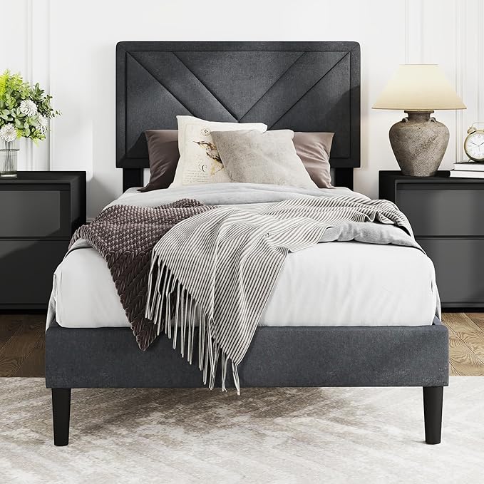Giantex Twin Bed Frames with Headboard, Modern Upholstered Platform Bed Frame with Diagonal Channel Tufting Headboard, Wooden Slats Support, No Box Spring Needed, Gray
