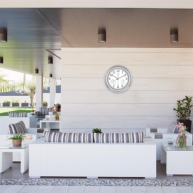 BEW Outdoor Clock for Patio, 18 Inch Large Outdoor Clocks Waterproof Weatherproof with Thermometer & Hygrometer Combo, Easy-to-Read Outside Wall Clock for Fence, Garden, Poolside, Backyard-Silver