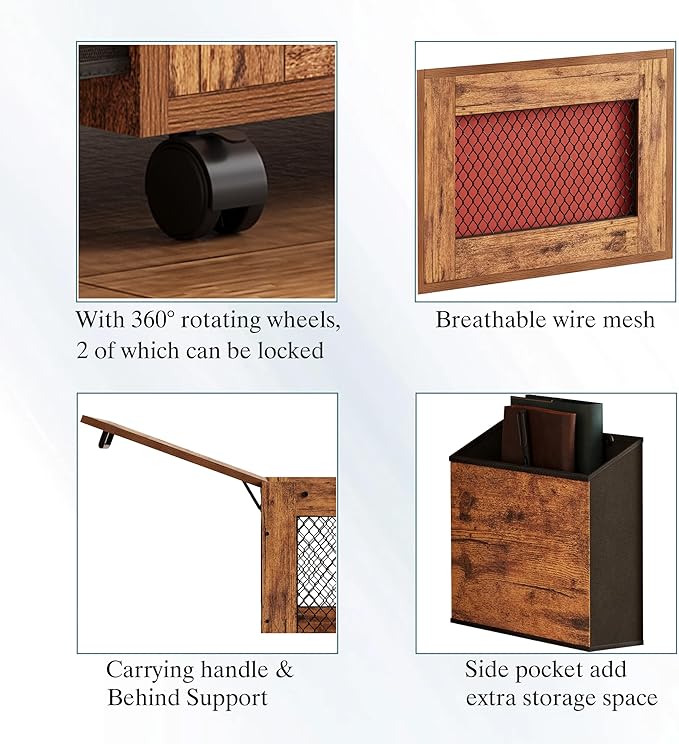 Rolling File Cabinet Cart,Under Desk Small Filing Cabine,Hanging File Organizer Box with Lid,Side Pocket for Letter/Legal Size, Wood Mobile Document Storage Basket for Home Office (Rustic Brown)