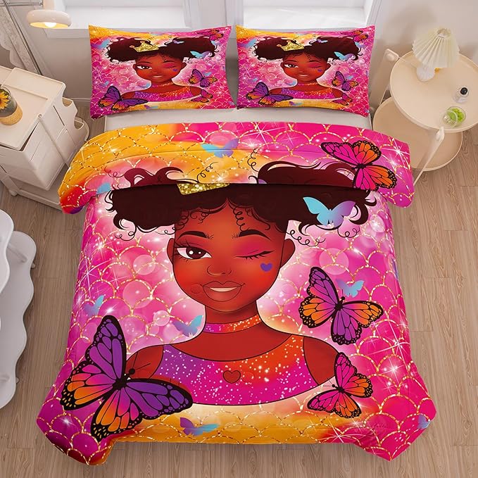 Tailor Shop Kawaii African American Black Girl Comforter Set Pink and Red Bedding Sets for Girls Kids Cute Magic Black Girl Bedding Set Mermaid Butterfly Comforter Queen Size with 2 Pillowcase…