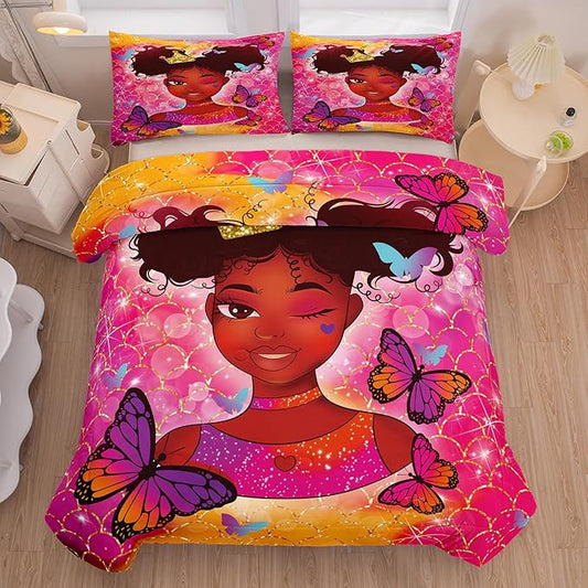 Tailor Shop Kawaii African American Black Girl Comforter Set Pink and Red Bedding Sets for Girls Kids Cute Magic Black Girl Bedding Set Mermaid Butterfly Comforter King Size with 2 Pillowcase…