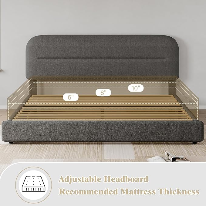 HOMBCK King Size Bed Frame, Boucle Upholstered Bed Frames and Headboard, Soft Bed Frame King with Thickened Footboard, Rounded Corners, No Box Spring Needed, Easy Assembly, Grey