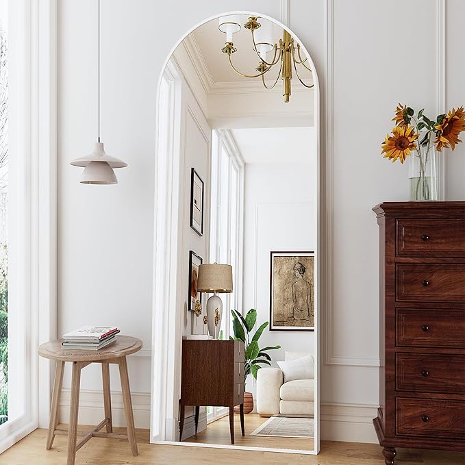 Arched Floor Mirror, 56"x20" Full Length Mirror, Standing Mirror Hanging or Leaning, Body Mirrors with Stand, Wall Mounted Mirror, Arched-Top Mirrors with Aluminum Frame for Bedroom (White)