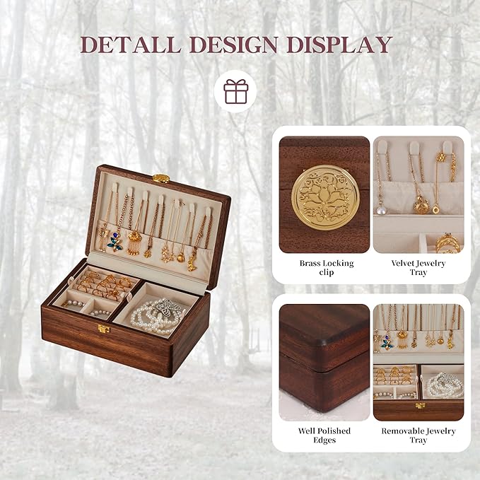 Wooden Jewelry Box For Women Jewelry Organizer Box With Lock 2 Layer Jewelry Holder Organizer For Necklace Ring Earring