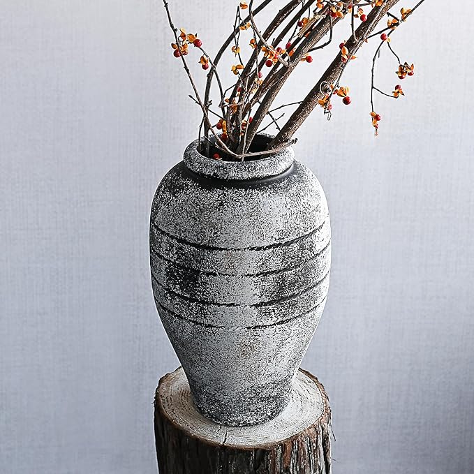 Antique Black Ceramic Flower Vase for Living Room Bedroom 9.06'' Farmhouse Decor for Bouquet Fake Plant Home Decor Office Table Shelf Fireplace Centerpieces Rustic Retro Vintage Classic Modern