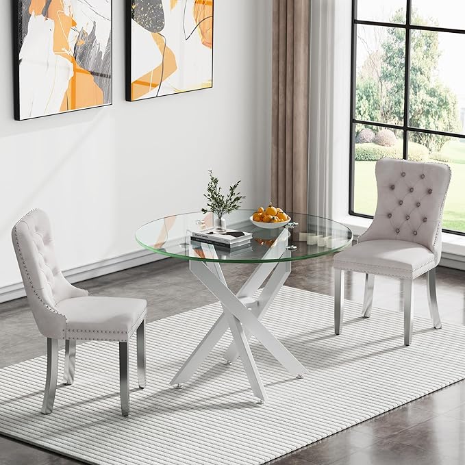 Modern Round Glass Dining Table with Tempered Glass Top and Metal Legs - Perfect for Home, Kitchen, or Dining Room