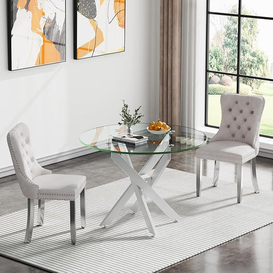 Modern Round Glass Dining Table with Tempered Glass Top and Metal Legs - Perfect for Home, Kitchen, or Dining Room
