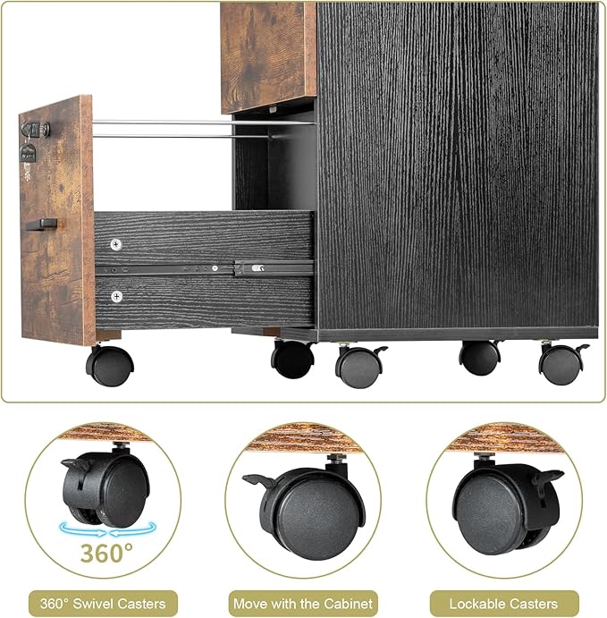 VINGLI 2-Drawer Small Rolling File Cabinet with Lock, Wood Filing Cabinet for Hanging Letter Size Filings with Tabs, Mobile Under Desk File Cabinets for Home Office, Rustic Brown & Black, 27.2" H