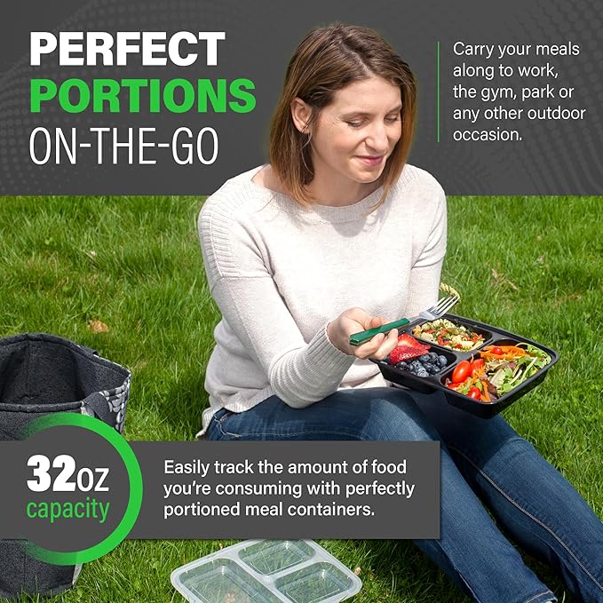 Ez Prepa [20 Pack] 32oz 3 Compartment Meal Prep Containers with Lids - Bento Box - Plastic - Stackable, Reusable, Microwaveable & Dishwasher Safe