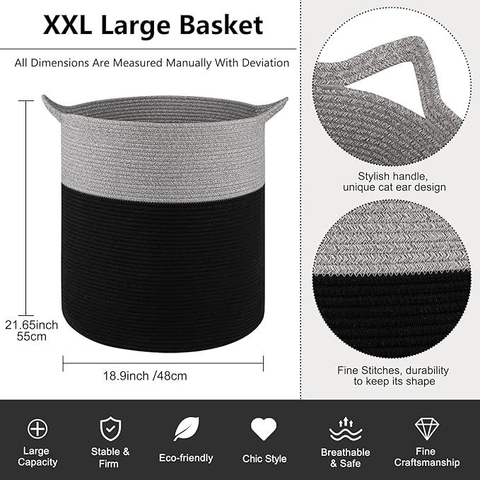 Laundry Basket, 100L Large Laundry Hamper, Tall Woven Rope Storage Basket for Blanket Toys Pillows Towels, Baby Nursery Hamper Bin for Living Room, Bedroom (Black & Grey)