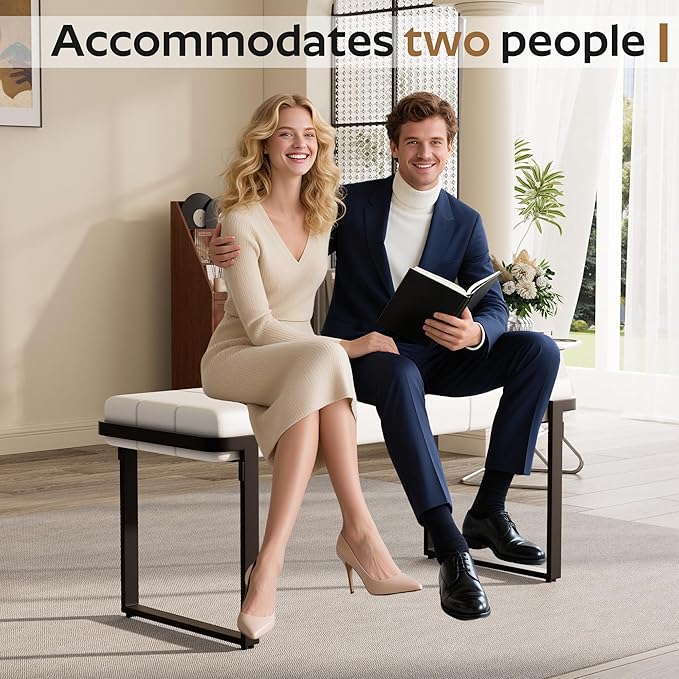 Upholstered Dining Bench, 44.29 Inch Leather Upholstered Bedroom Benches, Entryway Bench for Living Room Kitchen Dining Room(White&Black)