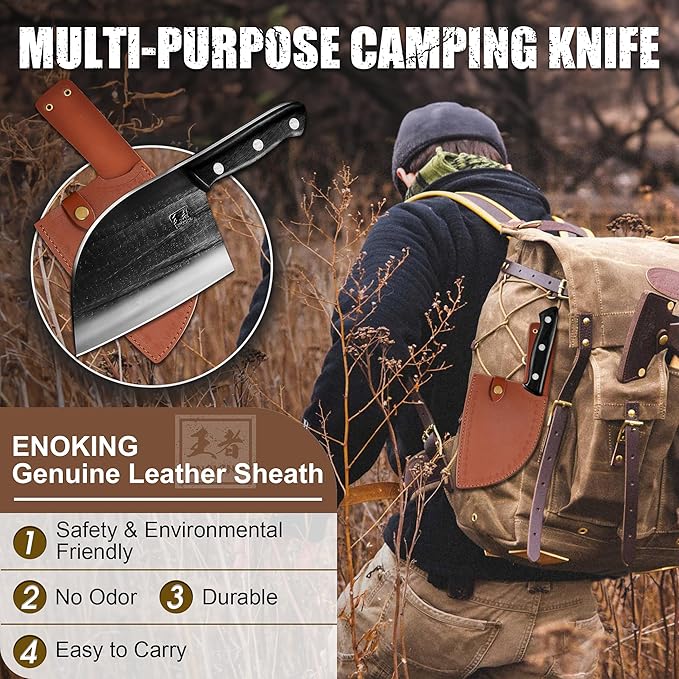 ENOKING Serbian Chef Knife 6.7 Inch, Handmade Professional Meat Cleaver Knife with Leather Sheath, High-Carbon Clad Steel Butcher Knife with Full Tang Handle for Kitchen, Camping, BBQ