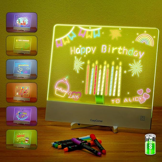 LED Drawing Board for Kids - Doodle Glow Note Board with Colors | Rechargeable Acrylic Dry Erase Board with Light & Touch Switch | 5H Battery, Glow Writing Pad for Toddlers & Artists