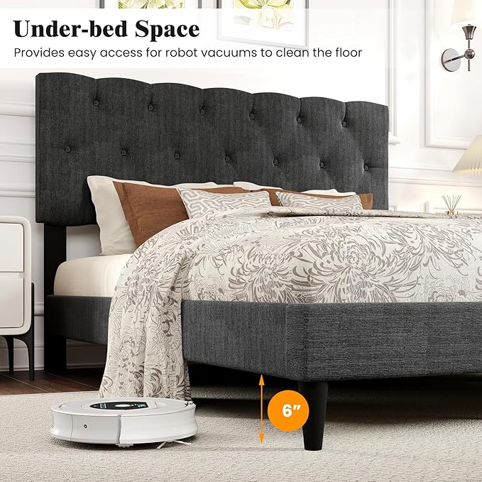 Giantex Full Size Platform Bed Frame, Modern Upholstered Bed Frame with Diamond Tufting Headboard, Wooden Slats Support, No Box Spring Needed, Gray