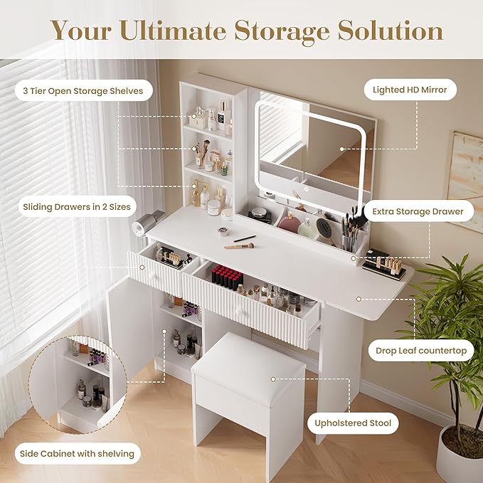 Vanity Desk with Mirror and Lights, Pink Makeup Vanity with Charging Station, Dressing Table Set with Storage Chair, Drawer Shelves, and Foldable Panel for Compact Space Bedroom (White)
