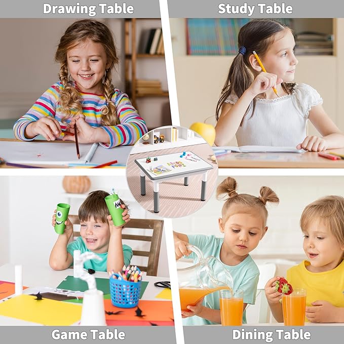 Adjustable Kids Table, Arts and Crafts Child Table with Graffiti Desktop, 7 Level Height Adjustable Children Table for Ages 3-8, Easy to Wipe Toddler Desk for Classrooms/Daycares/Homes