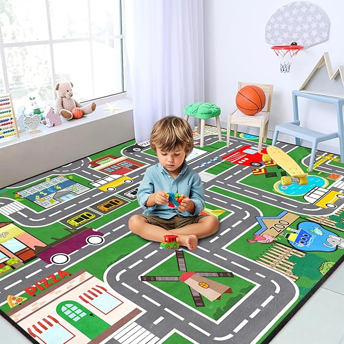 Car Rugs for Kids - Car Track Carpet for Boys Road Rug for Bedroom Road Map Carpet for Kids Play Mat Farm, 4. 5x6 Feet
