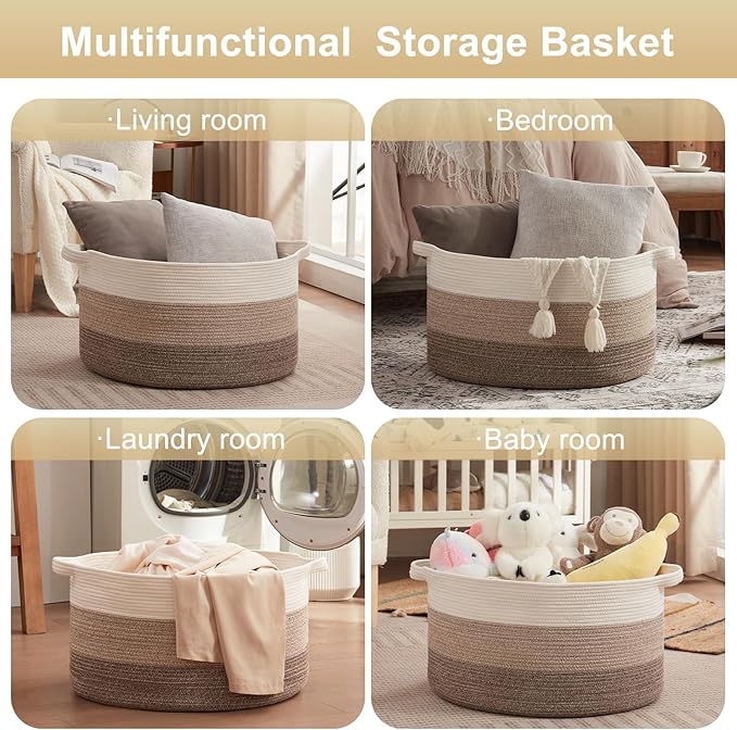 OIAHOMY Extra Large Storage Basket, 23" x 13" Woven Blanket Storage for Living Room, Round Laundry Basket for Pillow - Gradient Brown