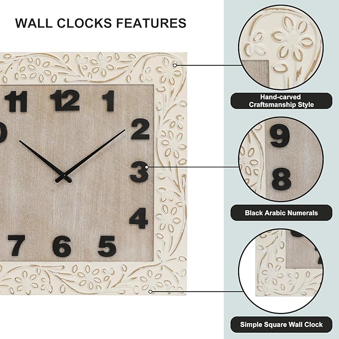 Large Wall Clock Square Living Room Decor Clocks, Numeral Wall Clocks with Battery Operated, Quartz Analog Movement Decorative Wall Clock for Office, Home, Kitchen, 24 Inch White