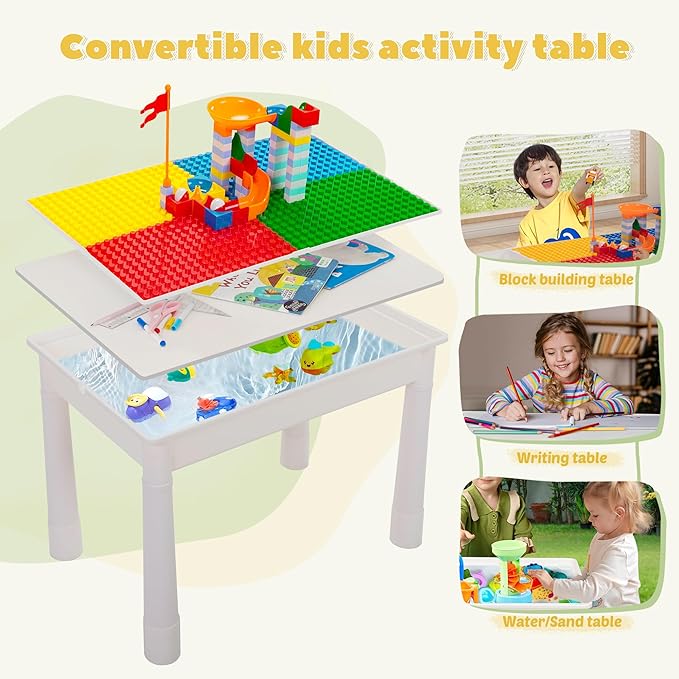 Sandinrayli 7 - in - 1 Kids Activity Table Set with 2 Chairs & 100Pcs Blocks | Water/Sand Play Table for Toddler Age 3-6 (Primary)