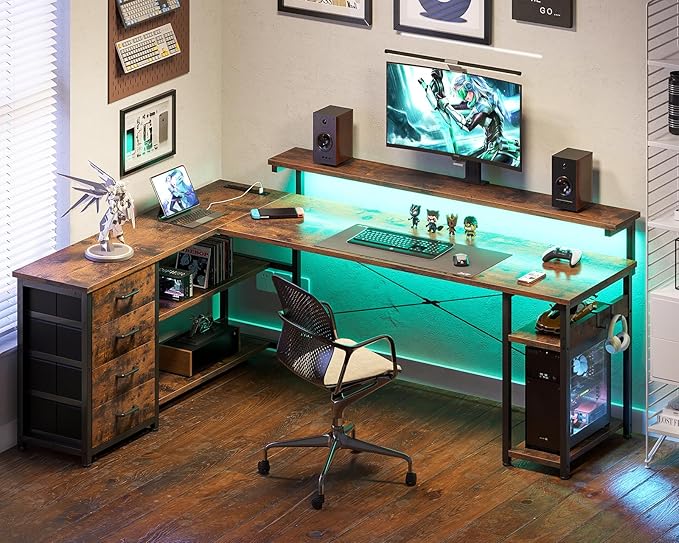AODK 69" L Shaped Desk with Drawer, Computer Desk with Power Outlets & LED Lights, Reversible Corner Gaming Desks for Home Office Workstation, Office Table with Monitor Shelf, Vintage