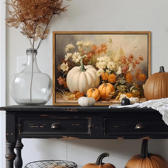 Framed Fall Pumpkin Canvas Wall Art - Farmhouse White & Orange Pumpkins Still Life Pictures Prints, Autumn Halloween Thanksgiving Wall Decor for Living Room Kitchen 16x24 inch