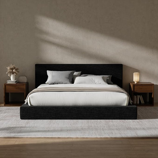RECCI Cloud Upholstered King Bed Frame with Headboard, 5 Inch Foam Padded Platform, No Box Spring, Easy Assembly (Onyx)