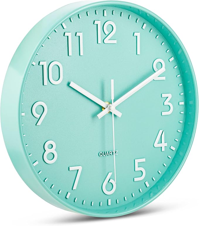 Bernhard Products Seafoam Green Wall Clock 10 Inch, Silent Non-Ticking, Quality Quartz 3D Numbers Battery Operated Round Pretty Clock for Kitchen/Office/Kids Bedroom/Baby Nursery Room