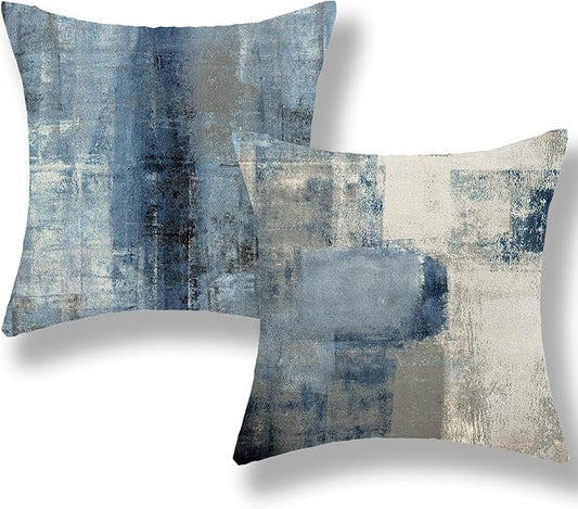 Boho Pillow Covers 18x18 Pack of 2 Blue Art Painting Decorative Throw Pillow Covers Outdoor Decor,Bohemian Abstract Modern Decor Pillowcase Farmhouse Linen Cushion Case for Home Couch Sofa