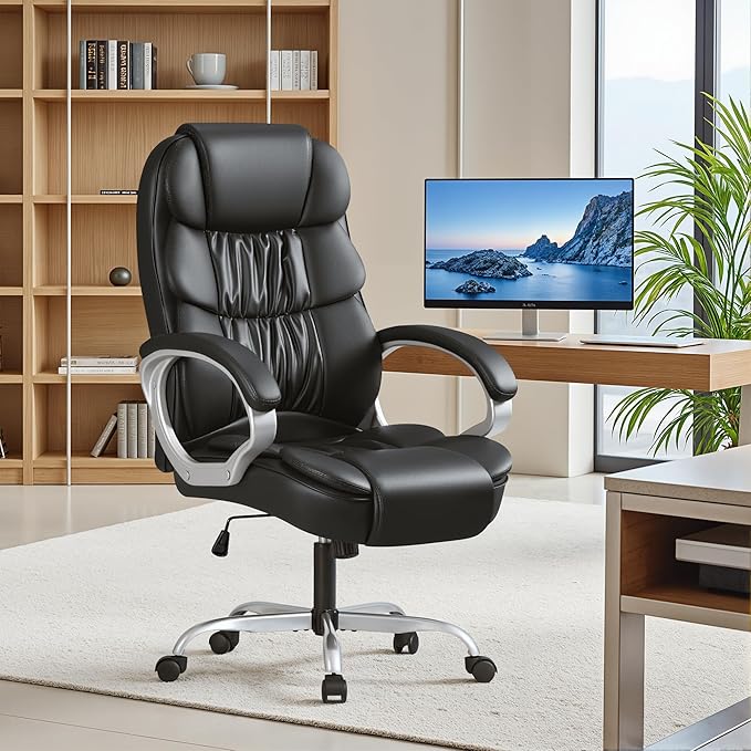 Furmax Leather High Back Office Chair Ergonomic Executive Office Chair Swivel Computer Desk Chair Lumbar Support Soft Cushioned Padded Arms (Black)