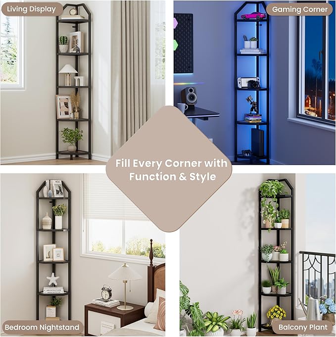 5-Tier Corner Shelf | 70 Inch Tall Bookshelf & Plant Stand, Heavy Duty Storage for Home Office & Living Room - Black