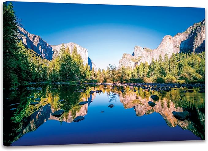 SKASNFAI Yosemite National Park Canvas Wall Art Forest Artwork Blue Lake Picture Prints Framed Home Decor for Bedroom Living Room (28x44 inch)