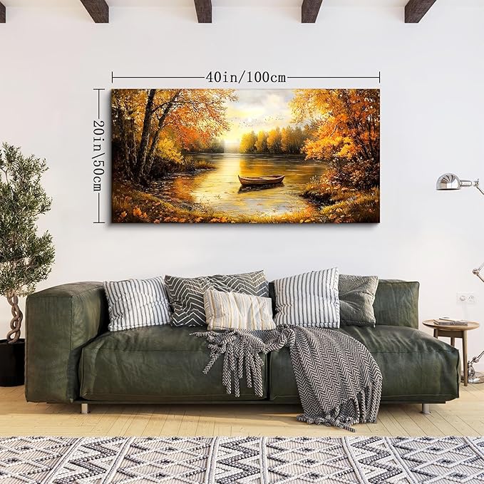 SERIMINO Fall Landscape Large Canvas Wall Art Living Room, Lake Boat Forest Art Prints, Autumn Scenery Nature Decor Pictures, Rustic Gold Paintings Wall Decor Bedroom, Office Decoration 20"X40"