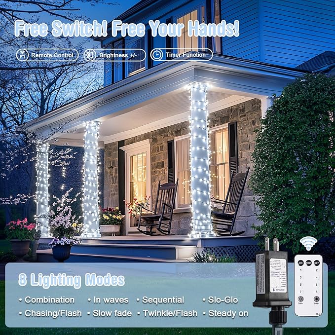JMEXSUSS 400 LED White String Lights Outdoor Waterproof, 132ft Christmas Tree Lights with Remote, Indoor String Lights Plug in for Patio Yard Garden House Bush Decor