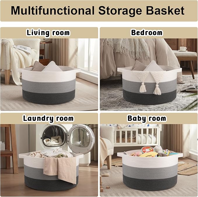 OIAHOMY Extra Large Storage Basket, 23" x 13" Woven Blanket Storage for Living Room, Round Laundry Basket for Pillow-Gardient Dark Grey