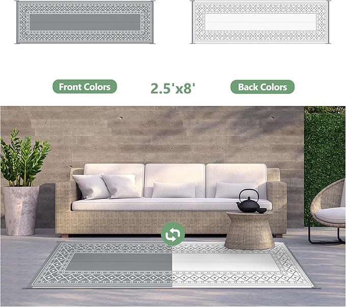 GENIMO Outdoor Rug Waterproof for Patio, 2.5'x8' Foldable Reversible Plastic Straw Runner Rugs and Carpet for Porch, Outside Area Mat for Rv, Deck, Picnic, Camper, Balcony, Beach, Grey & White